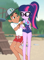 Size: 435x587 | Tagged: safe, screencap, character:timber spruce, character:twilight sparkle, character:twilight sparkle (scitwi), species:eqg human, episode:unsolved selfie mysteries, g4, my little pony:equestria girls, clothing, cropped, duo, female, geode of telekinesis, legs, lifeguard, lifeguard timber, magical geodes, male, one-piece swimsuit, ponytail, shorts, swimsuit