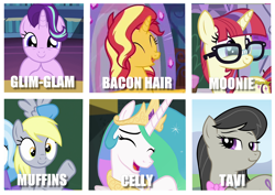 Size: 1800x1273 | Tagged: safe, screencap, character:derpy hooves, character:moondancer, character:octavia melody, character:princess celestia, character:starlight glimmer, character:sunset shimmer, species:alicorn, species:earth pony, species:pegasus, species:pony, species:unicorn, episode:amending fences, episode:every little thing she does, equestria girls:forgotten friendship, g4, my little pony: friendship is magic, my little pony:equestria girls, bacon hair, cute, cutelestia, dancerbetes, derpabetes, glim glam, glimmerbetes, nickname, sextet, shimmerbetes, tavi, tavibetes
