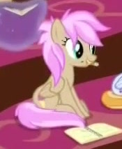 Size: 175x213 | Tagged: safe, screencap, character:strawberry scoop, character:summer meadow, species:pegasus, species:pony, episode:what lies beneath, g4, my little pony: friendship is magic, animation error, background pony, cropped, female, friendship student, mare, mouth hold, race swap, sitting, solo focus, summercorn