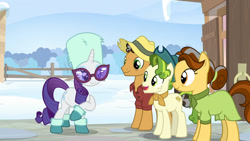 Size: 1920x1080 | Tagged: safe, screencap, character:butternut, character:oak nut, character:pistachio, character:rarity, species:earth pony, species:pony, species:unicorn, episode:best gift ever, g4, my little pony: friendship is magic, acorn family, animation error, clothing, female, floating head, hat, male, mare, snow, stallion, teenager