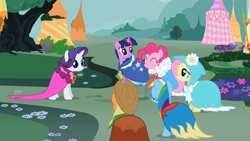 Size: 640x360 | Tagged: safe, screencap, character:applejack, character:fluttershy, character:pinkie pie, character:rainbow dash, character:rarity, character:twilight sparkle, character:twilight sparkle (unicorn), species:pony, species:unicorn, episode:secret of my excess, g4, my little pony: friendship is magic, cape, clothing, female, group shot, mane six, mare, tent