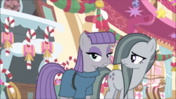 Size: 1280x720 | Tagged: safe, screencap, character:marble pie, character:maud pie, species:earth pony, species:pony, episode:best gift ever, g4, my little pony: friendship is magic, animated, cane, cute, female, giggles, laughing, mare, maud being maud, present, rock, rock-in-the-box, sound, webm