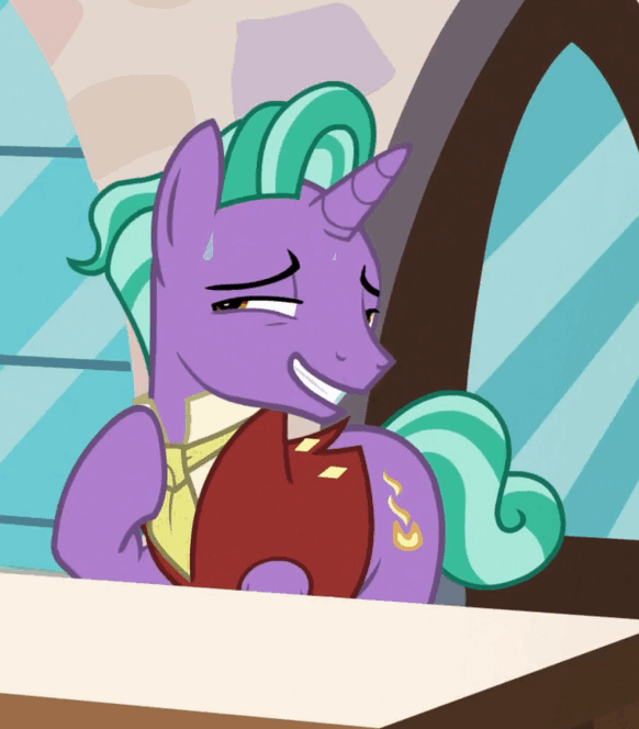 Size: 582x664 | Tagged: safe, screencap, character:firelight, species:pony, species:unicorn, episode:the parent map, g4, animated, cropped, gif, grin, nervous, nervous grin, smiling, solo, sweat