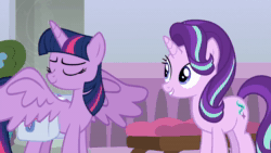 Size: 1280x720 | Tagged: safe, screencap, character:starlight glimmer, character:twilight sparkle, character:twilight sparkle (alicorn), species:alicorn, species:pony, species:unicorn, episode:school raze, g4, my little pony: friendship is magic, animated, bench, cute, pillar, potted plant, saddle bag, school of friendship, sound, spread wings, webm, wings