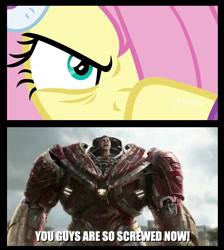 Size: 510x568 | Tagged: safe, screencap, character:fluttershy, species:pegasus, species:pony, episode:best gift ever, g4, my little pony: friendship is magic, angry, avengers: infinity war, badass, bruce banner, close-up, evil eye, female, flutterbadass, hair over one eye, hulkbuster, hulkbuster armor, iron hulk, mare, mark ruffalo, narrowed eyes, you are already dead, you dun goofed, you guys are so screwed now