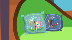 Size: 1440x809 | Tagged: safe, screencap, character:discord, character:fluttershy, episode:discordant harmony, g4, my little pony: friendship is magic, couch, embroidery, female, male, no pony, pillow, throw pillow