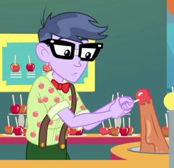 Size: 893x861 | Tagged: safe, screencap, character:microchips, equestria girls:rollercoaster of friendship, g4, my little pony:equestria girls, apple, caramel apple (food), clothing, cropped, food, glasses, male, misleading thumbnail, solo