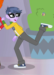 Size: 402x558 | Tagged: safe, screencap, character:heath burns, character:microchips, episode:a fine line, g4, my little pony:equestria girls, clothing, converse, cropped, glasses, heath burns, leg in air, male, pants, shoes, smiling, sneakers, solo focus