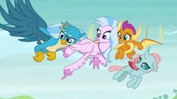 Size: 1280x720 | Tagged: safe, screencap, character:gallus, character:ocellus, character:silverstream, character:smolder, species:changedling, species:changeling, species:classical hippogriff, species:dragon, species:griffon, species:hippogriff, species:reformed changeling, episode:school daze, g4, my little pony: friendship is magic, chest fluff, claws, dragoness, female, flying, looking down, male, pointing, wings