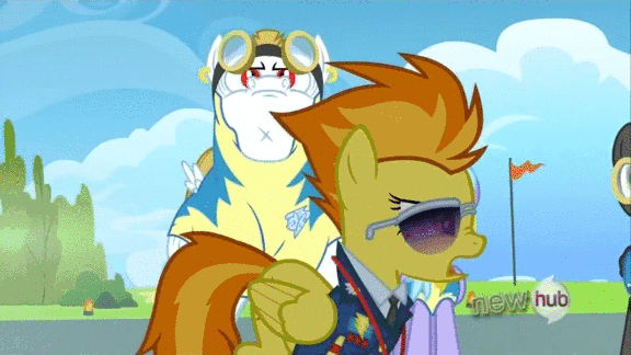 Size: 576x324 | Tagged: safe, screencap, character:bulk biceps, character:cloudchaser, character:spitfire, character:thunderlane, species:pegasus, species:pony, episode:wonderbolts academy, animated, clothing, cloudrage, drill sergeant, ear piercing, earring, female, forced smile, goggles, grin, jewelry, lead pony badge, male, mare, nervous, nervous grin, piercing, raised eyebrow, roid rage, smiling, stallion, sunglasses, uniform, wingpony badge, wonderbolt trainee uniform, wonderbolts dress uniform