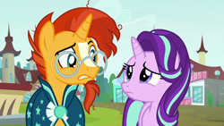 Size: 1280x720 | Tagged: safe, screencap, character:starlight glimmer, character:sunburst, species:pony, species:unicorn, episode:the parent map, g4, concerned, confused, duo, female, looking at each other, male, mare, sire's hollow, stallion