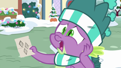Size: 1920x1080 | Tagged: safe, screencap, character:spike, species:dragon, episode:best gift ever, g4, my little pony: friendship is magic, christmas, christmas lights, clothing, cutie mark, hat, holiday, implied rarity, paper, rarity's cutie mark, scarf, shocked, snow, solo, winged spike, winter, winter outfit