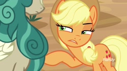 Size: 1920x1080 | Tagged: safe, screencap, character:applejack, character:rain shine, species:earth pony, species:kirin, species:pony, episode:sounds of silence, g4, my little pony: friendship is magic, duo, female, lidded eyes, mare, queen, raised eyebrow, raised hoof, solo focus, squint, squintjack, suspicious
