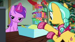 Size: 1280x720 | Tagged: safe, screencap, character:amethyst star, character:citrine spark, character:fire quacker, character:sparkler, species:pony, episode:best gift ever, g4, my little pony: friendship is magic, awwmethyst star, clothing, cute, female, friendship student, lidded eyes, magic aura, mare, present, quackerdorable, scarf