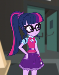 Size: 426x538 | Tagged: safe, screencap, character:twilight sparkle, character:twilight sparkle (scitwi), species:eqg human, equestria girls:movie magic, g4, my little pony:equestria girls, clothing, cropped, female, geode of telekinesis, glasses, magical geodes, ponytail, skirt, solo