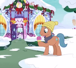 Size: 254x229 | Tagged: safe, screencap, character:gelato cone, character:rarity, species:earth pony, species:pony, species:unicorn, episode:best gift ever, g4, my little pony: friendship is magic, animated, background pony, carousel boutique, cropped, duo, female, food, gif, ice cream, male, mare, pure unfiltered evil, running, sad, snow, stallion, winter, winter outfit
