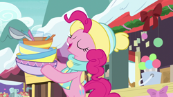 Size: 1280x720 | Tagged: safe, screencap, character:pinkie pie, species:earth pony, species:pony, episode:best gift ever, g4, my little pony: friendship is magic, bowl, clothing, eyes closed, female, hat, hoof hold, mare, scarf, snow, solo