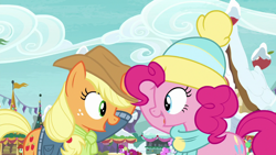 Size: 1280x720 | Tagged: safe, screencap, character:applejack, character:berry punch, character:berryshine, character:cotton sky, character:pinkie pie, species:earth pony, species:pony, episode:best gift ever, g4, my little pony: friendship is magic, clothing, duo, female, hat, jacket, looking at each other, mare, scarf