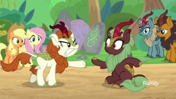 Size: 1920x1080 | Tagged: safe, screencap, character:applejack, character:autumn blaze, character:cinder glow, character:fluttershy, character:pumpkin smoke, character:summer flare, species:earth pony, species:kirin, species:pegasus, species:pony, episode:sounds of silence, g4, my little pony: friendship is magic, angry, annoyed, charades, cloven hooves, emotionless, eye contact, faec, female, frown, frustrated, glare, gritted teeth, guess, lidded eyes, looking at each other, looking at you, looking down, male, mare, open mouth, pointing, shocked, surprised, underhoof, wide eyes