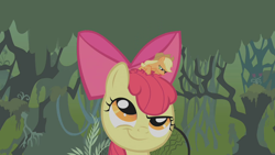 Size: 1280x720 | Tagged: safe, screencap, character:apple bloom, character:applejack, species:earth pony, species:pony, episode:bridle gossip, g4, my little pony: friendship is magic, appletini, duo, everfree forest, female, filly, foal, mare, micro, sisters