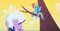 Size: 1258x669 | Tagged: safe, screencap, character:rainbow dash, character:twilight sparkle, episode:winter wrap up, g4, my little pony: friendship is magic, season 1, eyes closed, out of context, snow, tree, tree branch, winter wrap up song, winter wrap up vest