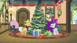 Size: 1280x720 | Tagged: safe, screencap, character:apple bloom, character:cloudy quartz, character:grand pear, species:earth pony, species:pony, episode:best gift ever, g4, my little pony: friendship is magic, bookshelf, chair, christmas, christmas tree, christmas wreath, clothing, earmuffs, female, hearth's warming tree, holiday, male, mare, ornament, present, scarf, stallion, tree, wreath
