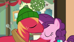 Size: 1280x720 | Tagged: safe, screencap, character:big mcintosh, character:sugar belle, species:earth pony, species:pony, species:unicorn, ship:sugarmac, episode:best gift ever, g4, my little pony: friendship is magic, clothing, eyes closed, female, forehead kiss, hat, kissing, male, mare, mistletoe, shipping, stallion, straight