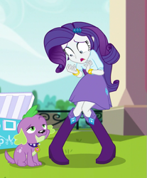 Size: 519x626 | Tagged: safe, screencap, character:rarity, character:spike, character:spike (dog), species:dog, equestria girls:dance magic, g4, my little pony:equestria girls, boots, bracelet, clothing, cropped, cute, female, jewelry, male, paws, shocked, shocked expression, shoes, skirt