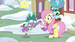 Size: 1280x720 | Tagged: safe, screencap, character:fluttershy, character:spike, species:dragon, species:pegasus, species:pony, episode:best gift ever, g4, my little pony: friendship is magic, clothing, earmuffs, female, hat, male, sweater, tail, winged spike, winter outfit