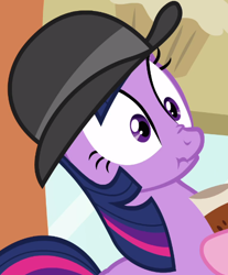 Size: 436x526 | Tagged: safe, screencap, character:pinkie pie, character:twilight sparkle, episode:mmmystery on the friendship express, g4, my little pony: friendship is magic, bowler hat, clothing, cropped, hat, nose wrinkle, scrunchy face, season 2, solo focus