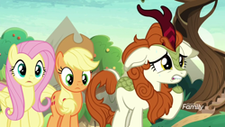 Size: 1920x1080 | Tagged: safe, screencap, character:applejack, character:autumn blaze, character:fluttershy, species:kirin, episode:sounds of silence, g4, my little pony: friendship is magic, floppy ears, lip bite