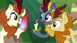 Size: 1920x1080 | Tagged: safe, screencap, character:autumn afternoon, character:autumn blaze, character:winter flame, species:kirin, episode:sounds of silence, g4, my little pony: friendship is magic, background kirin, candle, female, fire, male, mundane utility