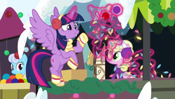 Size: 1280x720 | Tagged: safe, screencap, character:linky, character:millie, character:shoeshine, character:twilight sparkle, character:twilight sparkle (alicorn), species:alicorn, species:pony, episode:best gift ever, g4, my little pony: friendship is magic, christmas, christmas lights, clothing, earmuffs, female, flying, holiday, magic, magic aura, mare, scarf, spread wings, telekinesis, wings