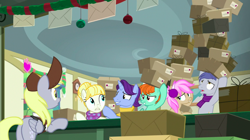 Size: 1438x808 | Tagged: safe, screencap, character:derpy hooves, character:november rain, character:peppermint goldylinks, character:slate sentiments, character:strawberry scoop, character:summer breeze, species:earth pony, species:pegasus, species:pony, species:unicorn, episode:best gift ever, g4, my little pony: friendship is magic, background pony, box, clothing, desk, discovery family logo, earmuffs, female, friendship student, hair bun, hat, mailmare, mailmare hat, male, mare, package, post office, scarf, stack, stallion