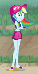 Size: 400x774 | Tagged: safe, screencap, character:rainbow dash, equestria girls:forgotten friendship, g4, my little pony:equestria girls, beach, bikini, bikini top, cap, clothing, cropped, crossed arms, cute, dashabetes, feet, flip-flops, geode of super speed, hat, magical geodes, sandals, shorts, sleeveless, solo, swimming trunks, swimsuit, wind blowing, windswept mane