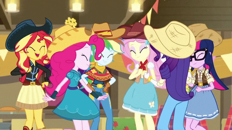 Size: 800x450 | Tagged: safe, screencap, character:applejack, character:fluttershy, character:pinkie pie, character:rainbow dash, character:rarity, character:sunset shimmer, character:twilight sparkle, character:twilight sparkle (scitwi), species:eqg human, episode:five to nine, g4, my little pony:equestria girls, animated, blanket, clothing, cowgirl, cowgirl outfit, cute, gif, humane five, humane seven, humane six, jackabetes, rarihick, shipping fuel, sleeping