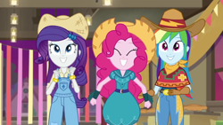 Size: 1280x720 | Tagged: safe, screencap, character:pinkie pie, character:rainbow dash, character:rarity, episode:five to nine, g4, my little pony:equestria girls, cowgirl, cowgirl outfit, farmer pinkie, rarihick