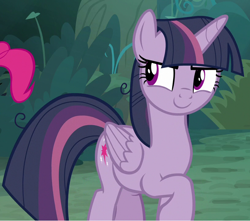 Size: 816x721 | Tagged: safe, screencap, character:mean twilight sparkle, character:pinkie pie, species:alicorn, species:earth pony, species:pony, episode:the mean 6, g4, my little pony: friendship is magic, clone, cropped, evil grin, female, grin, mare, offscreen character, raised hoof, smiling, solo focus