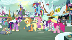 Size: 1280x720 | Tagged: safe, screencap, character:applejack, character:burnt oak, character:fluttershy, character:pinkie pie, character:rainbow dash, character:rarity, character:spike, character:sugar belle, character:twilight sparkle, character:twilight sparkle (alicorn), species:alicorn, species:dragon, species:pony, episode:best gift ever, g4, my little pony: friendship is magic, clothing, earmuffs, mane seven, mane six, scarf, scroll, snow, winged spike