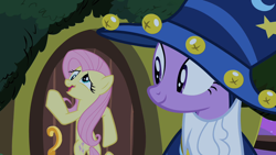 Size: 1280x720 | Tagged: safe, screencap, character:fluttershy, character:twilight sparkle, episode:luna eclipsed, g4, my little pony: friendship is magic, clothing, costume, derp, door, duo, nightmare night costume, star swirl the bearded costume
