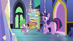 Size: 1920x1080 | Tagged: safe, screencap, character:spike, character:twilight sparkle, character:twilight sparkle (alicorn), species:alicorn, species:dragon, species:pony, episode:father knows beast, g4, my little pony: friendship is magic, apple fritter (food), cake, cupcake, food, tray, winged spike