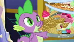 Size: 1920x1080 | Tagged: safe, screencap, character:spike, species:dragon, episode:father knows beast, g4, my little pony: friendship is magic, apple fritter (food), cupcake, food, solo, winged spike
