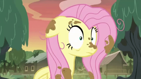Size: 480x270 | Tagged: safe, screencap, character:fluttershy, species:pegasus, species:pony, episode:a health of information, g4, my little pony: friendship is magic, animated, cute, dirt, female, floppy ears, gif, laughing, mare, mud, sheepish grin, swamp, tree