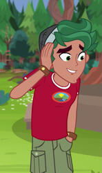 Size: 341x575 | Tagged: safe, screencap, character:timber spruce, equestria girls:legend of everfree, g4, my little pony:equestria girls, camp everfree outfits, clothing, cropped, embarrassed, hand in pocket, male, shorts, smiling, solo