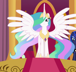 Size: 1141x1080 | Tagged: safe, screencap, character:princess celestia, character:princess luna, species:alicorn, species:pony, equestria girls:forgotten friendship, g4, my little pony:equestria girls, cropped, female, hoof shoes, majestic, regal, spread wings, wings
