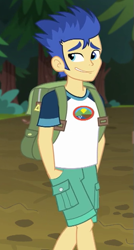 Size: 341x637 | Tagged: safe, screencap, character:flash sentry, equestria girls:legend of everfree, g4, my little pony:equestria girls, awkward smile, backpack, camp everfree outfits, clothing, cropped, hands in pockets, legs, male, shorts, solo