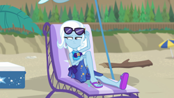 Size: 1920x1080 | Tagged: safe, screencap, character:trixie, equestria girls:forgotten friendship, g4, my little pony:equestria girls, beach, beach babe, beach chair, beach umbrella, clothing, driftwood, fainting couch, feet, flip-flops, sandals, sarong, solo, sunglasses, swimsuit, unamused
