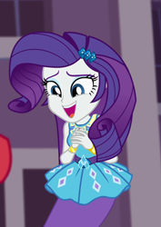 Size: 630x892 | Tagged: safe, screencap, character:rarity, equestria girls:forgotten friendship, g4, my little pony:equestria girls, bracelet, clothing, cropped, cute, female, jewelry, open mouth, pencil skirt, raribetes, skirt, smiling, solo