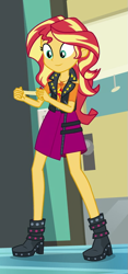 Size: 393x837 | Tagged: safe, screencap, character:sunset shimmer, equestria girls:forgotten friendship, g4, my little pony:equestria girls, boots, clothing, cropped, female, geode of empathy, jacket, legs, magical geodes, shoes, skirt, smiling, solo