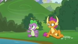 Size: 1920x1080 | Tagged: safe, screencap, character:smolder, character:spike, species:dragon, episode:father knows beast, g4, my little pony: friendship is magic, discovery family logo, dragoness, duo, female, male, sitting, twig, winged spike